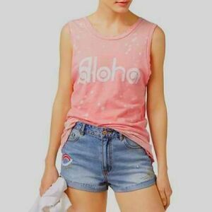 NWT Junk Food Aloha VSCO Graphic Distressed Tank Medium Barbie Pink Burnout Musc